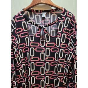 Cato Blouse Womens XL Black Geometric Chain Print Bow Neck Long Sleeve Top